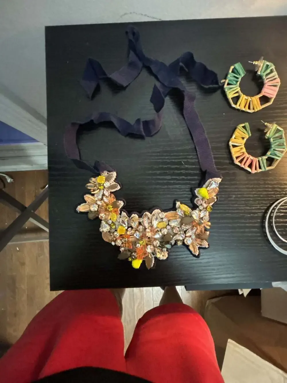 Crystal Embellished Floral Ribbon Bib Statement Necklace